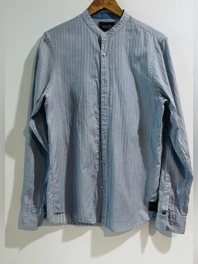 Scotch & Soda Striped Mandarin Collar Organic Cotton Shirt Blue Men’s S